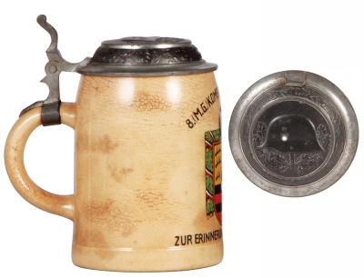 German military stein, .5L, pottery, late 1930s, 8. [M.G.] Komp., 11. I.R. Konstanz, pewter lid with relief helmet with swastika, glaze browning, mint. DETAILED PHOTOS OF THE BODY & THE LID ARE AVAILABLE, PLEASE EMAIL YOUR REQUEST. - 3