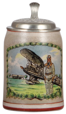German military stein, .5L, stoneware, airplane and pilot, Bad Aibling, 1942 and owner's name, relief pewter lid with Luft Adler, mint. A DETAILED PHOTO OF THE LID IS AVAILABLE, PLEASE EMAIL YOUR REQUEST.
