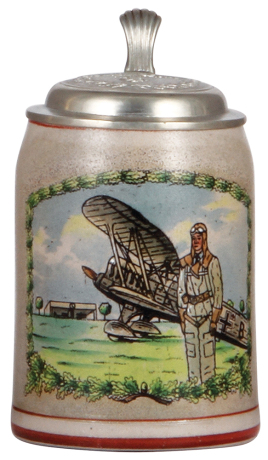 German military stein, .5L, stoneware, airplane and pilot, Bad Aibling, 1942 and owner's name, relief pewter lid with Luft Adler, mint. A DETAILED PHOTO OF THE LID IS AVAILABLE, PLEASE EMAIL YOUR REQUEST.