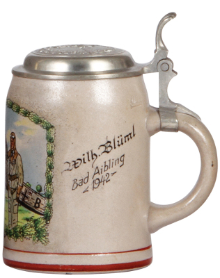 German military stein, .5L, stoneware, airplane and pilot, Bad Aibling, 1942 and owner's name, relief pewter lid with Luft Adler, mint. A DETAILED PHOTO OF THE LID IS AVAILABLE, PLEASE EMAIL YOUR REQUEST. - 2
