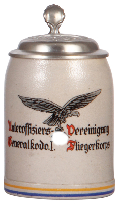 German military stein, .5L, stoneware, late 1930s, Unteroffiziers Vereinigung Generalkodo. I. Fliegerkorps, pewter lid with relief helmet with swastika, rare, excellent pewter strap repair, body mint. DETAILED PHOTOS OF THE BODY & THE LID ARE AVAILABLE, P
