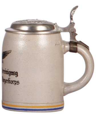 German military stein, .5L, stoneware, late 1930s, Unteroffiziers Vereinigung Generalkodo. I. Fliegerkorps, pewter lid with relief helmet with swastika, rare, excellent pewter strap repair, body mint. DETAILED PHOTOS OF THE BODY & THE LID ARE AVAILABLE, P - 2