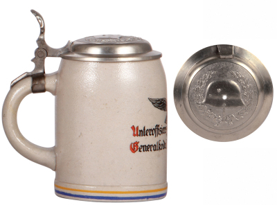 German military stein, .5L, stoneware, late 1930s, Unteroffiziers Vereinigung Generalkodo. I. Fliegerkorps, pewter lid with relief helmet with swastika, rare, excellent pewter strap repair, body mint. DETAILED PHOTOS OF THE BODY & THE LID ARE AVAILABLE, P - 3