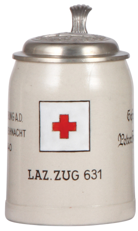German military stein, .5L, stoneware, late 1930s, Laz. Zug 631, owner's name, 1940, pewter lid with relief helmet with swastika, very rare, mint. A DETAILED PHOTO OF THE LID IS AVAILABLE, PLEASE EMAIL YOUR REQUEST.