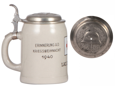 German military stein, .5L, stoneware, late 1930s, Laz. Zug 631, owner's name, 1940, pewter lid with relief helmet with swastika, very rare, mint. A DETAILED PHOTO OF THE LID IS AVAILABLE, PLEASE EMAIL YOUR REQUEST. - 3
