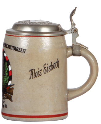 German military stein, .5L, stoneware, late 1930s, 15. [E.] Komp. Int. Regt 80, owner's name, pewter lid with relief helmet with swastika, mint. DETAILED PHOTOS OF THE BODY & THE LID ARE AVAILABLE, PLEASE EMAIL YOUR REQUEST. - 2
