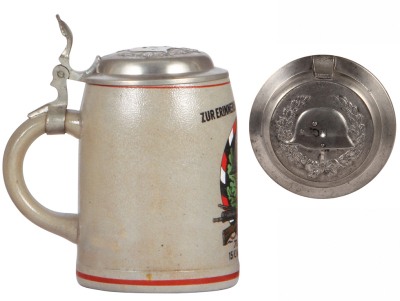 German military stein, .5L, stoneware, late 1930s, 15. [E.] Komp. Int. Regt 80, owner's name, pewter lid with relief helmet with swastika, mint. DETAILED PHOTOS OF THE BODY & THE LID ARE AVAILABLE, PLEASE EMAIL YOUR REQUEST. - 3