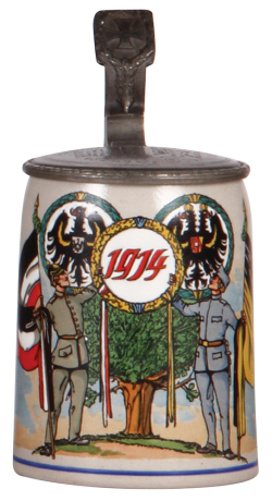 Military stein, .5L, stoneware, 1914 German & Austrian soldiers, impressed pewter lid: 1914 & eagles, mint.
