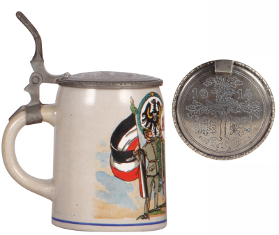 Military stein, .5L, stoneware, 1914 German & Austrian soldiers, impressed pewter lid: 1914 & eagles, mint. - 3