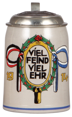 Military stein, .5L, stoneware, Viel Feind Viel Ehr, 1914, pewter lid with relief Bavarian coat-of-arms, mint.