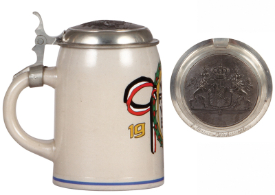 Military stein, .5L, stoneware, Viel Feind Viel Ehr, 1914, pewter lid with relief Bavarian coat-of-arms, mint. - 3
