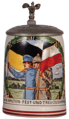 Military stein, .5L, stoneware, Wir Halten Fest und Treu zusammen, relief pewter lid with 1914 Iron Cross, mint.