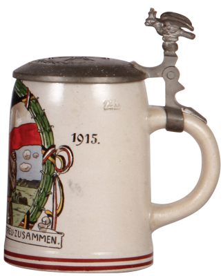 Military stein, .5L, stoneware, Wir Halten Fest und Treu zusammen, relief pewter lid with 1914 Iron Cross, mint. - 2