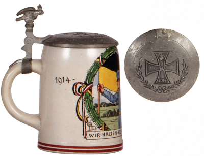 Military stein, .5L, stoneware, Wir Halten Fest und Treu zusammen, relief pewter lid with 1914 Iron Cross, mint. - 3