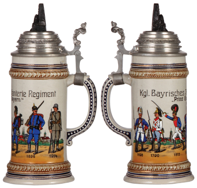 Military stein, 1.0L, stoneware, 1698 to 1914 commemorative for Kgl. bayr. 3. Inft. Regt., pewter lid with monument finial, mint.         - 2