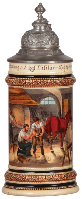 Regimental stein, .5L, 10.0” ht., pottery, Kgl. Militär Lehrschmiede, 1896 – 1897, two side scenes, Bavarian thumblift, names to: Gefrt. J. Kugelmann, rare, 1” horizontal hairline on top rim, minor scratches.