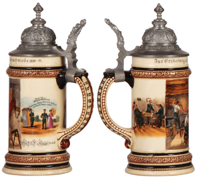 Regimental stein, .5L, 10.0” ht., pottery, Kgl. Militär Lehrschmiede, 1896 – 1897, two side scenes, Bavarian thumblift, names to: Gefrt. J. Kugelmann, rare, 1” horizontal hairline on top rim, minor scratches. - 2