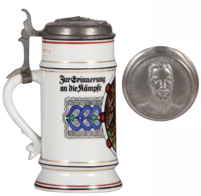 Military stein, .5L, porcelain, Zur Erinnerung in den Argonnen an die Kämpfe 30.6 bis 2.7.15, relief pewter lid: Wilhelm II, mint. - 3