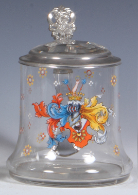 Glass stein, .5L, enameled, coats-of-arms, glass inlaid lid, mint.
