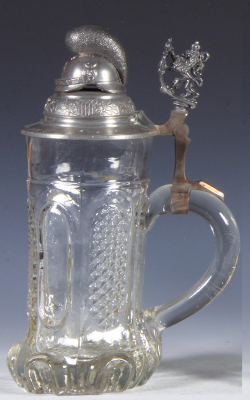 Glass stein, .5L, mold blown, pewter lid, with Raupenhelm finial, pewter strap repaired, otherwise mint. - 2