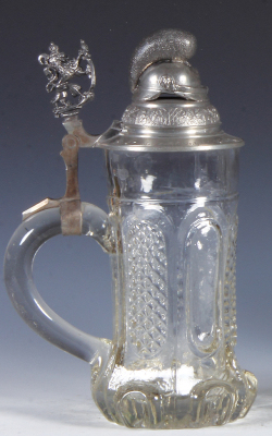 Glass stein, .5L, mold blown, pewter lid, with Raupenhelm finial, pewter strap repaired, otherwise mint. - 3