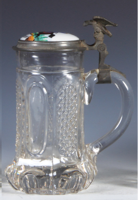 Regimental stein, .5L, glass, porcelain inlaid lid: 2. Esk., Drag. Nr. 20, Karlsruhe, 1891 - 1894, eagle thumblift, named to: Jak. Huber, mint.  - 2