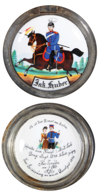 Regimental stein, .5L, glass, porcelain inlaid lid: 2. Esk., Drag. Nr. 20, Karlsruhe, 1891 - 1894, eagle thumblift, named to: Jak. Huber, mint.  - 4