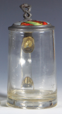 Glass stein, .5L, blown, porcelain inlaid lid: Pr. Frdr. Carl, transfer & handpainted, mint.