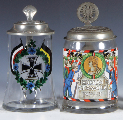 Two glass steins, .5L, blown, enameled, Iron Cross, 1914, pewter lid: Iron Cross, 1914, mint; with, .5L, blown, enameled, Hurrah Germania, 1914 - 1915 relief pewter lid: Iron Cross, 1914, 3" line in rear. 