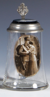 Glass stein, .3L, blown, photograph, soldier & wife, glass inlaid lid is an old replacement, body mint.