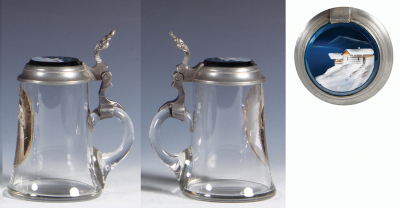 Glass stein, .3L, blown, photograph, soldier & wife, glass inlaid lid is an old replacement, body mint. - 2