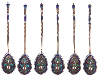 Six Russian enameled spoons, 4.8" long, enameled on silver, good condition.