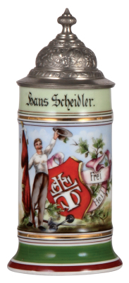 Porcelain stein, .5L, transfer & hand-painted, F.F.S.T., pewter lid, mint. 