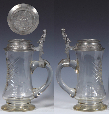 Two glass steins, .5L, blown, clear, cut, pewter lid: München & Munich Child, pewter lid, one pewter strap adjusted, otherwise mint. - 2