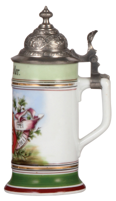 Porcelain stein, .5L, transfer & hand-painted, F.F.S.T., pewter lid, mint.  - 2