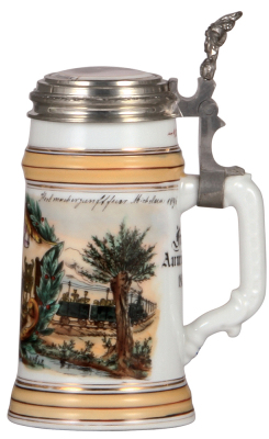 Porcelain stein, .5L, transfer & enameled, Occupational Weber [Basket Weaver], Fritz Aumüller 1896, porcelain inlaid lid: owner's photo, 1895, very rare, mint. - 2