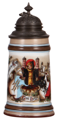 Porcelain stein, .5L, transfer & hand-painted, marked Martin Pauson, München, 4F, München, pewter lid, lithophane, mint. 