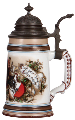 Porcelain stein, .5L, transfer & hand-painted, marked Martin Pauson, München, 4F, München, pewter lid, lithophane, mint.  - 2