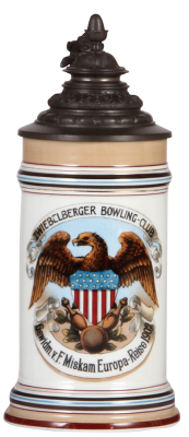 Porcelain stein, .5L, transfer & hand-painted, Zwiebelberger Bowling Club Europa - Reise, 1902, pewter lid marked Pauson, München, lithophane, mint. 