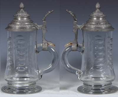 Two glass steins, .5L, blown, clear, cut, pewter lid: München & Munich Child, pewter lid, one pewter strap adjusted, otherwise mint. - 3