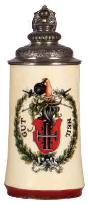 Porcelain stein, .5L, transfer & hand-painted, 4F, Gut Heil, pewter lid, lithophane, strong pewter tear, otherwise mint. 