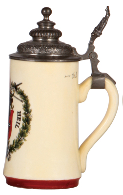 Porcelain stein, .5L, transfer & hand-painted, 4F, Gut Heil, pewter lid, lithophane, strong pewter tear, otherwise mint.  - 2