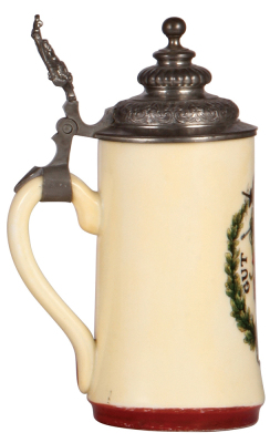 Porcelain stein, .5L, transfer & hand-painted, 4F, Gut Heil, pewter lid, lithophane, strong pewter tear, otherwise mint.  - 3