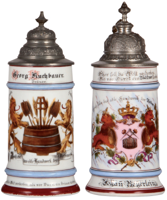 Two porcelain steins, .5L, transfer & hand-painted, Occupational Bierbrauer [Brewer], pewter lid, some color wear on base, pewter tear; with, .5L, transfer & hand-painted, Occupational Büttner [Barrel Maker], pewter lid, slight pewter tear, body mint.