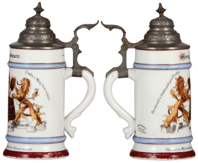 Two porcelain steins, .5L, transfer & hand-painted, Occupational Bierbrauer [Brewer], pewter lid, some color wear on base, pewter tear; with, .5L, transfer & hand-painted, Occupational Büttner [Barrel Maker], pewter lid, slight pewter tear, body mint. - 2