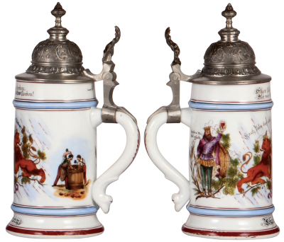 Two porcelain steins, .5L, transfer & hand-painted, Occupational Bierbrauer [Brewer], pewter lid, some color wear on base, pewter tear; with, .5L, transfer & hand-painted, Occupational Büttner [Barrel Maker], pewter lid, slight pewter tear, body mint. - 3