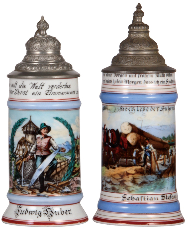 Two porcelain steins, .5L, transfer & hand-painted, Occupational Zimmermann [Construction Carpenter], pewter lid, mint; with, transfer & hand-painted, Occupational Fuhrmann [Wagon Driver], pewter lid, mint.