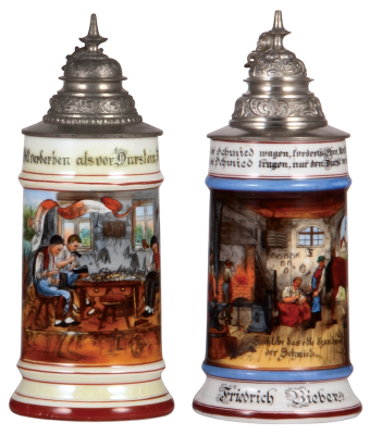Two porcelain steins, .5L, transfer & hand-painted, Occupational Schuhmacher [Shoemaker], pewter lid, faint lithophane line, otherwise mint; with, transfer & hand-painted, Occupational Schmiede [Blacksmith], pewter lid, faint lithophane line, otherwise mi