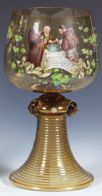 Glass goblet, 12.0'' ht., blown, amber, glass prunts, signed Fritz Heckert on base edge, hand-painted, monks & verse, mint.