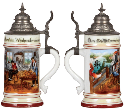 Two porcelain steins, .5L, transfer & hand-painted, Occupational Schuhmacher [Shoemaker], pewter lid, faint lithophane line, otherwise mint; with, transfer & hand-painted, Occupational Schmiede [Blacksmith], pewter lid, faint lithophane line, otherwise mi - 2